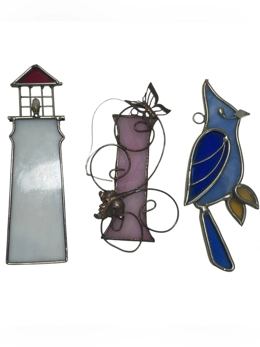Lot of 3 Handcrafted Stained Glass Suncatchers Lighthouse Butterfly Floral Bird